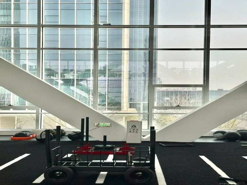 A professionally finished gym with black rubber gym edges and ramps.